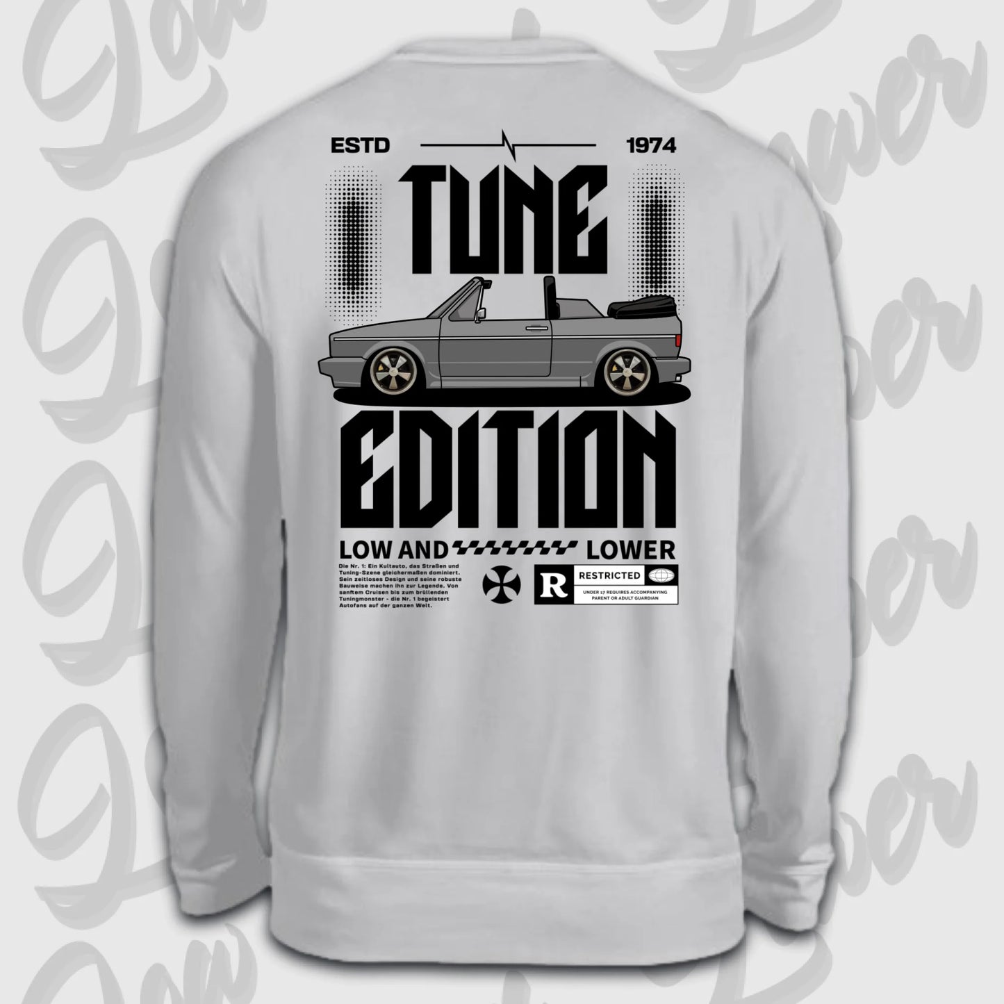 Golf 1 Cabrio Sweater Rückansicht mit Auto-Motiv