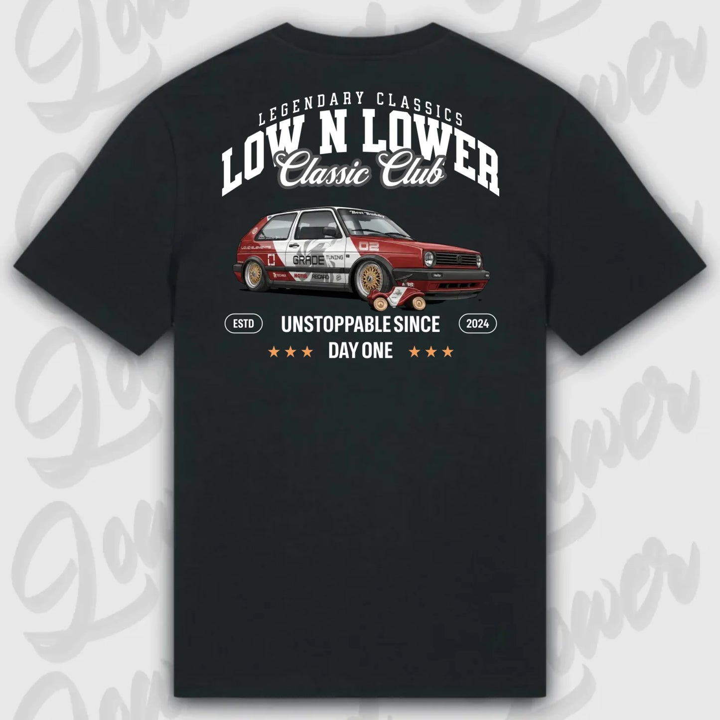Schwarzes Standard T-Shirt Artwork dein Fahrzeug mit Rückendruck