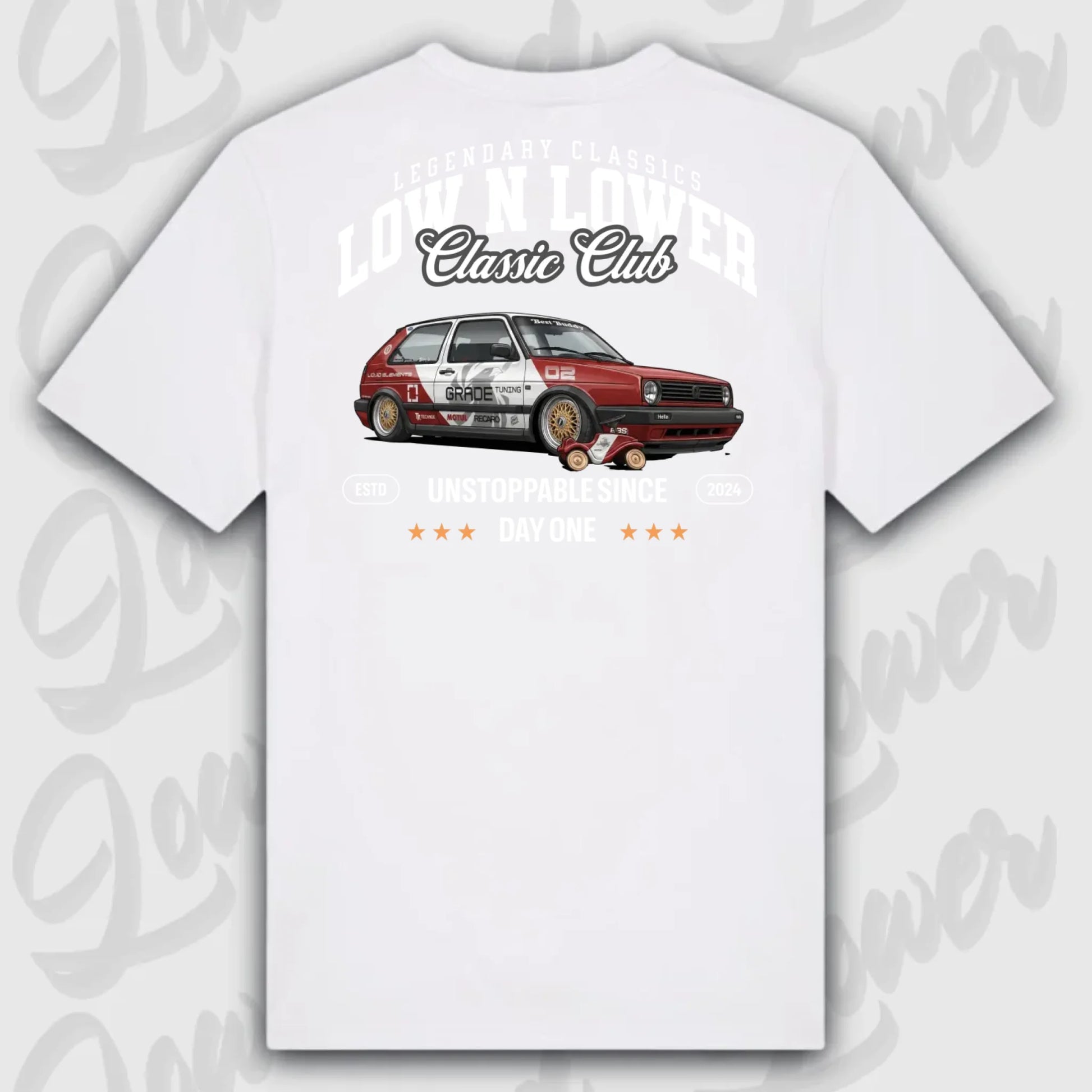 Weißes Standard T-Shirt Artwork dein Fahrzeug mit Rückendruck