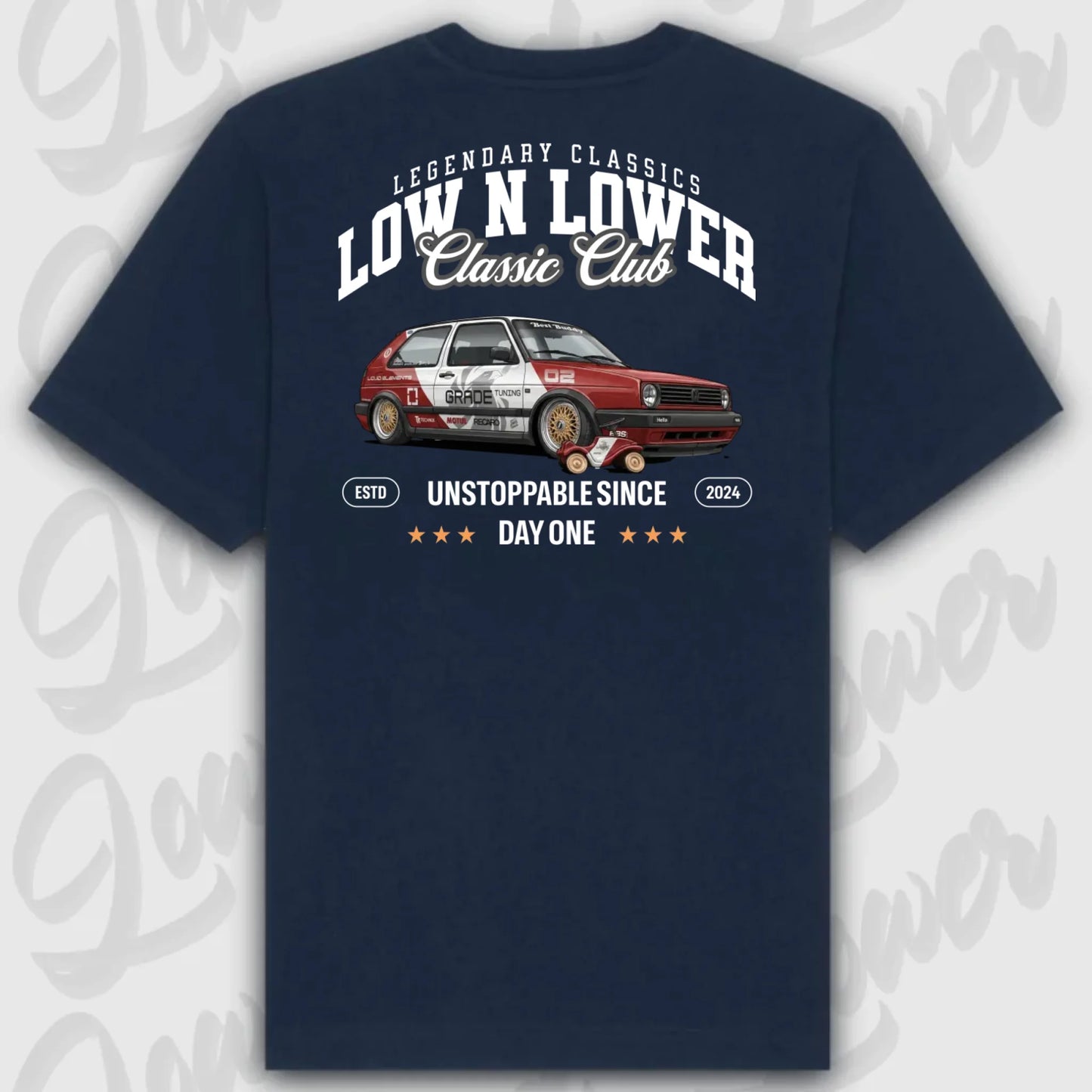 Blaues Standard T-Shirt Artwork dein Fahrzeug mit Rückendruck