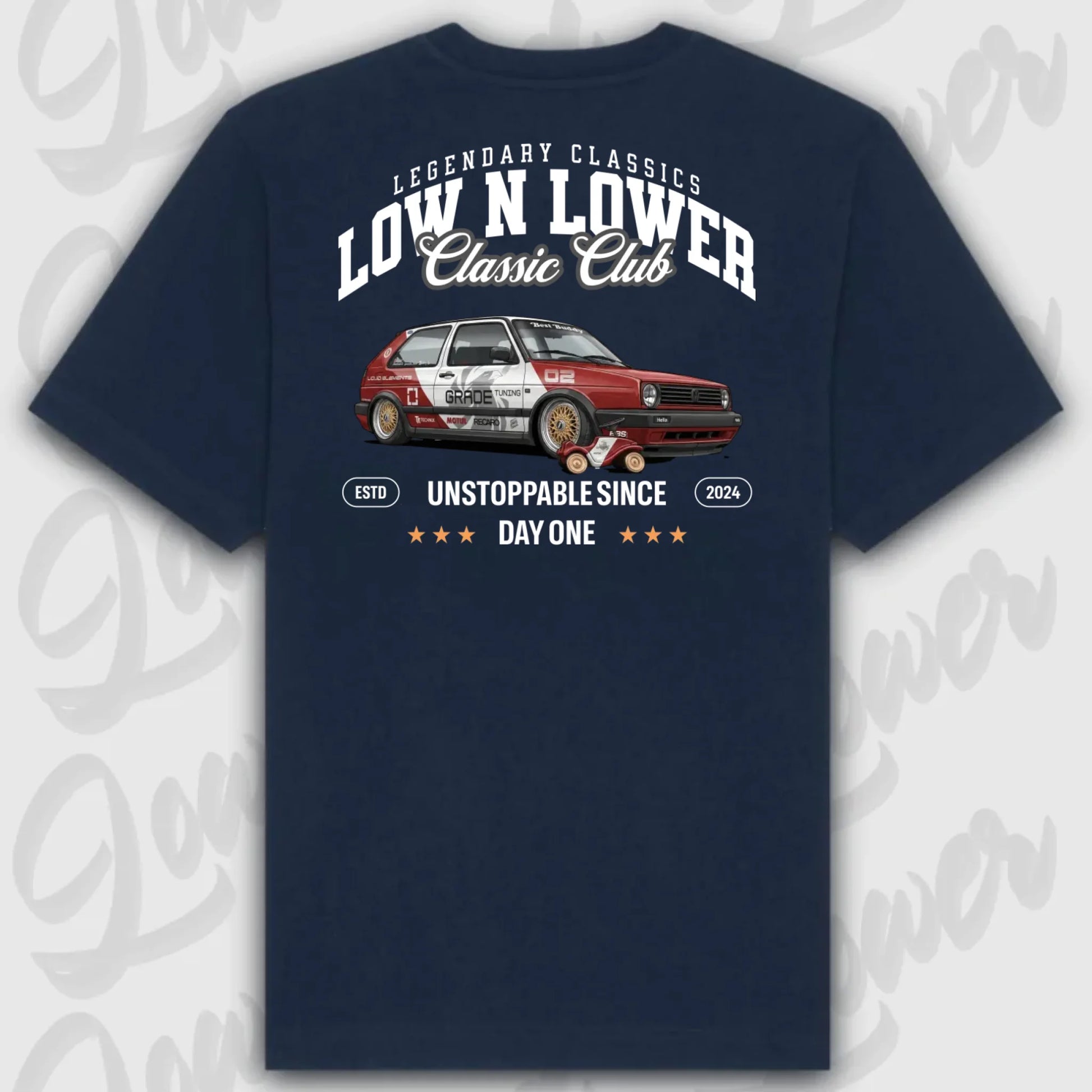 Blaues Standard T-Shirt Artwork dein Fahrzeug mit Rückendruck