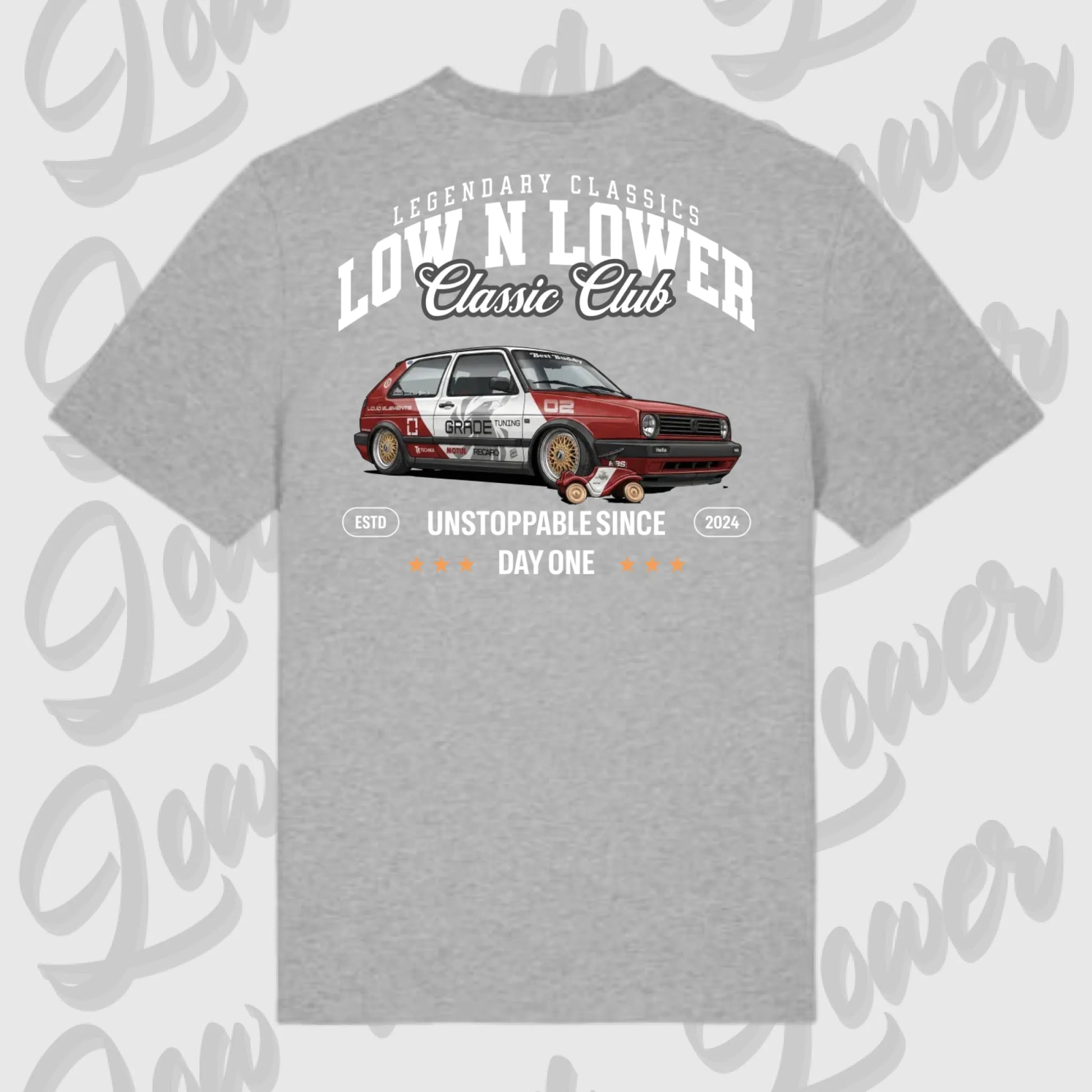 Graues Standard T-Shirt Artwork dein Fahrzeug mit Rückendruck
