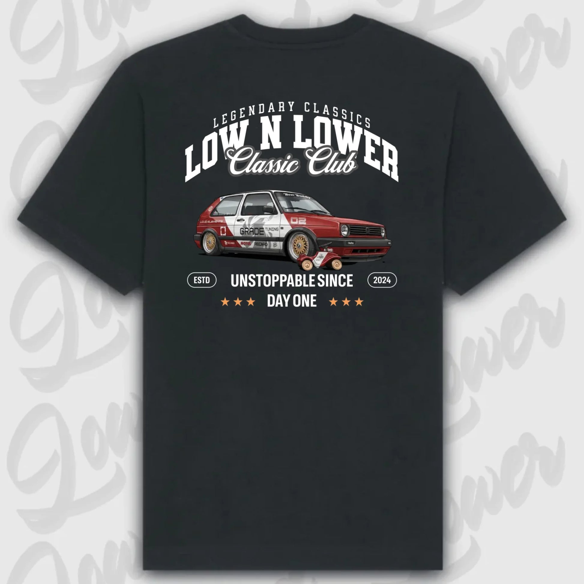 Schwarzes Oversized T-Shirt Artwork dein Fahrzeug mit Rückendruck