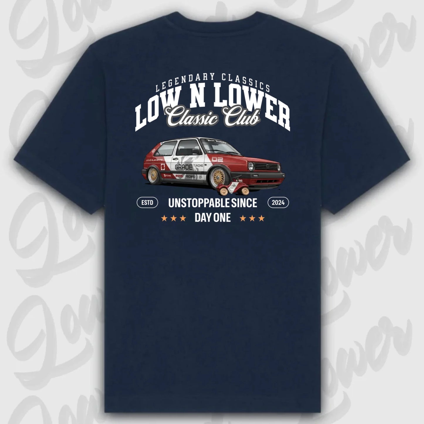 Blaues Oversized T-Shirt Artwork dein Fahrzeug mit Rückendruck