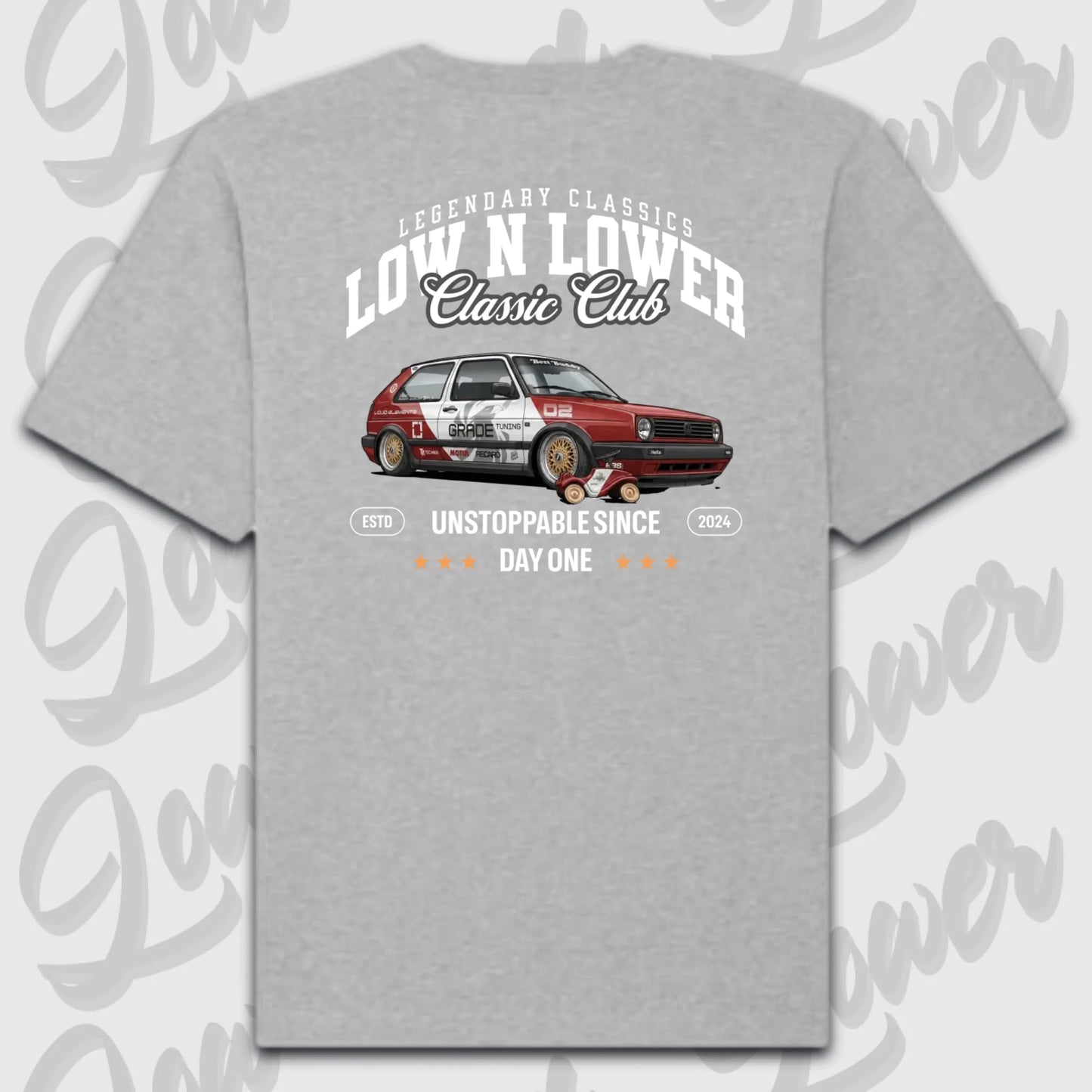 Graues Oversized T-Shirt Artwork dein Fahrzeug mit Rückendruck