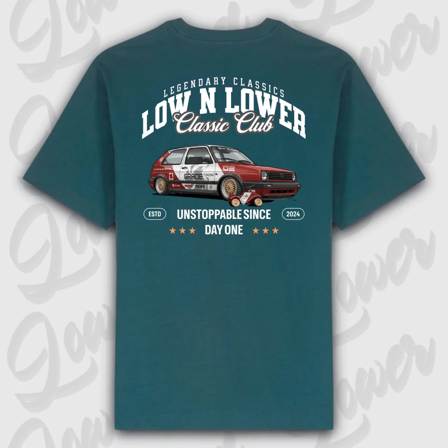 Grünes Oversized T-Shirt Artwork dein Fahrzeug mit Rückendruck