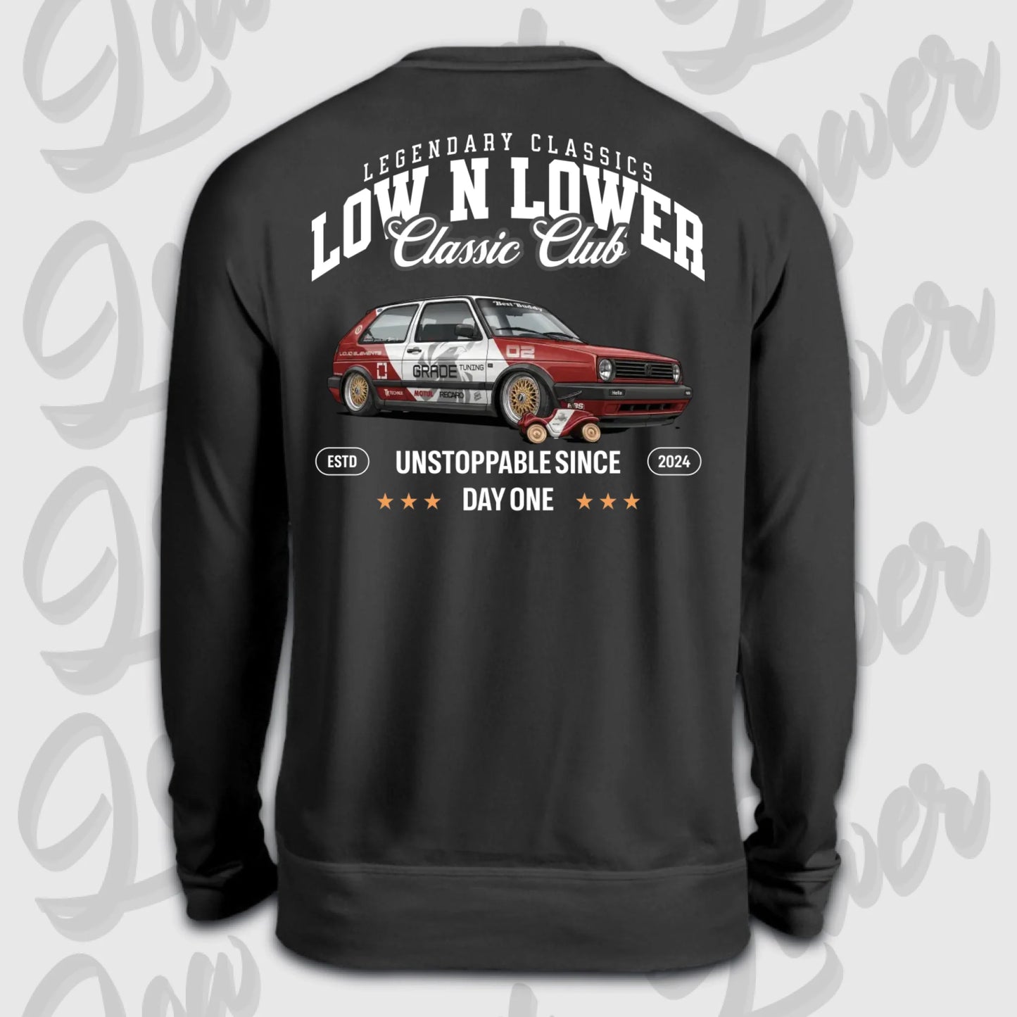 Schwarzer Sweater Artwork dein Fahrzeug mit Rückendruck