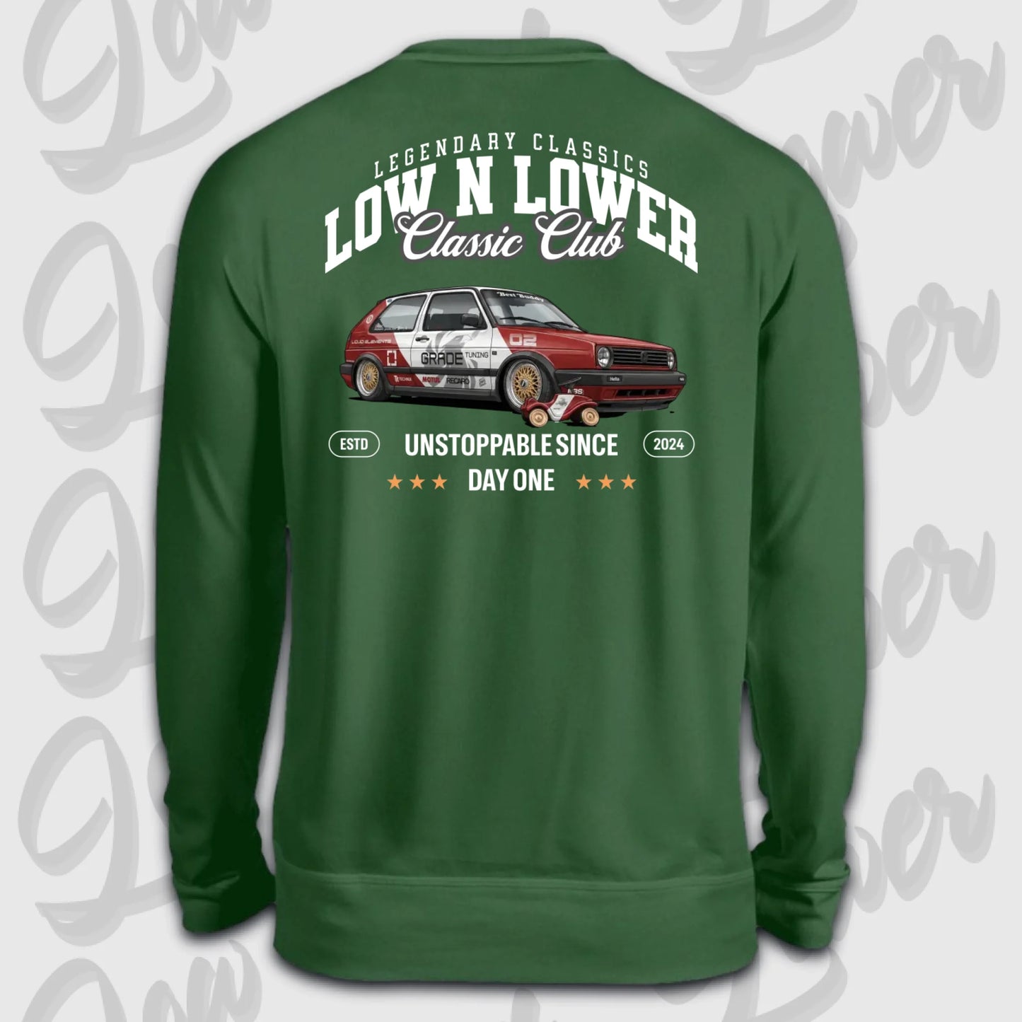 Grüner Sweater Artwork dein Fahrzeug mit Rückendruck