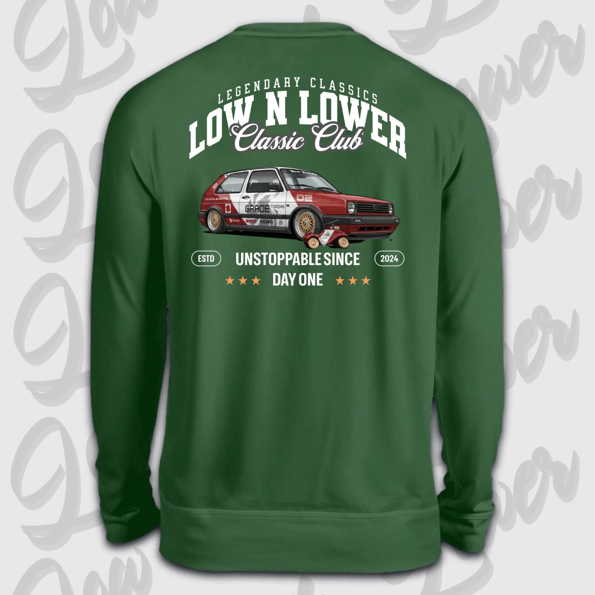Grüner Sweater Artwork dein Fahrzeug mit Rückendruck