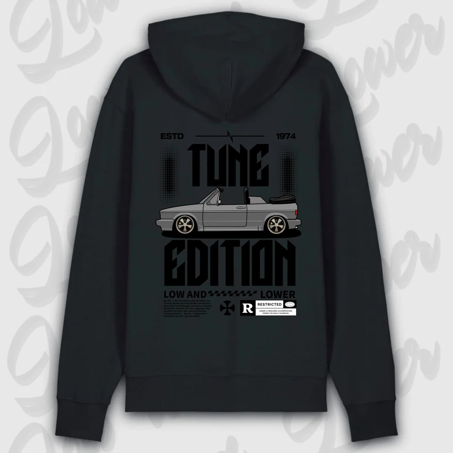 Premium Hoodie Golf 1 Cabrio Frontansicht mit Auto-Motiv
