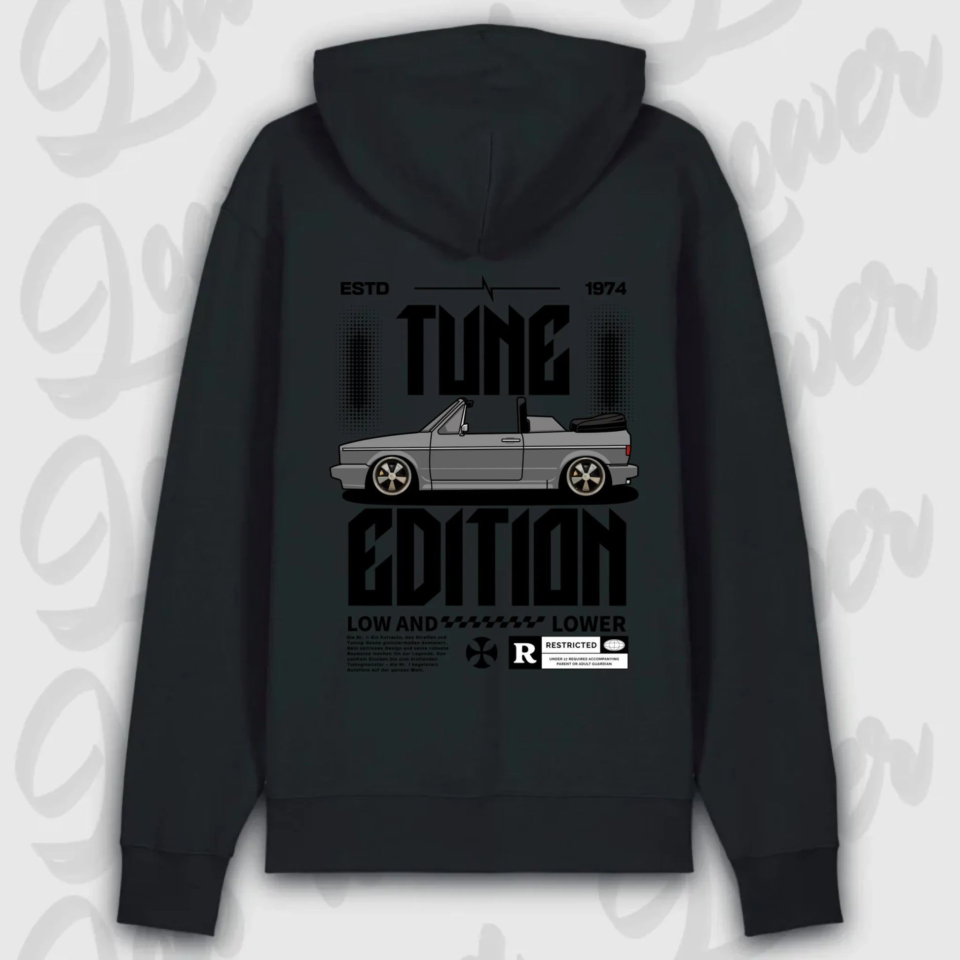 Premium Hoodie Golf 1 Cabrio Frontansicht mit Auto-Motiv