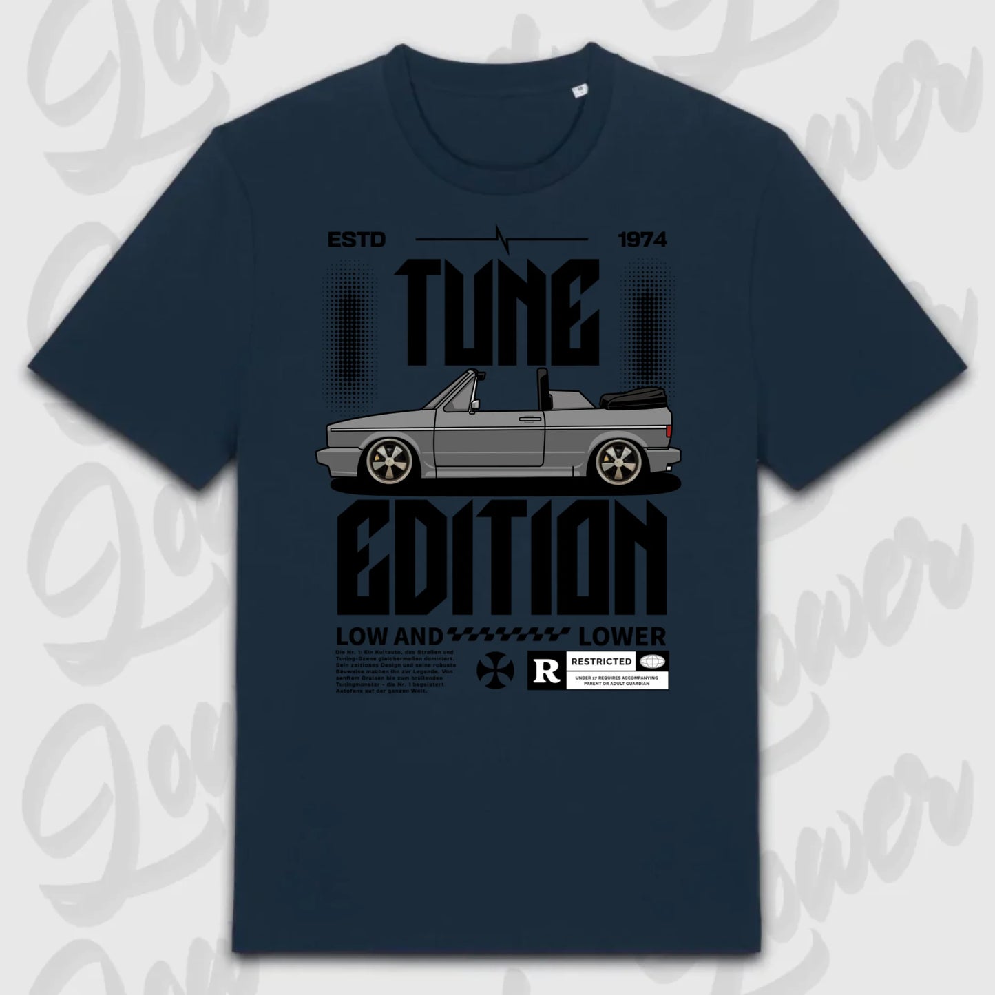 Golf 1 Cabrio T-Shirt Blau Frontansicht personalisierbar
