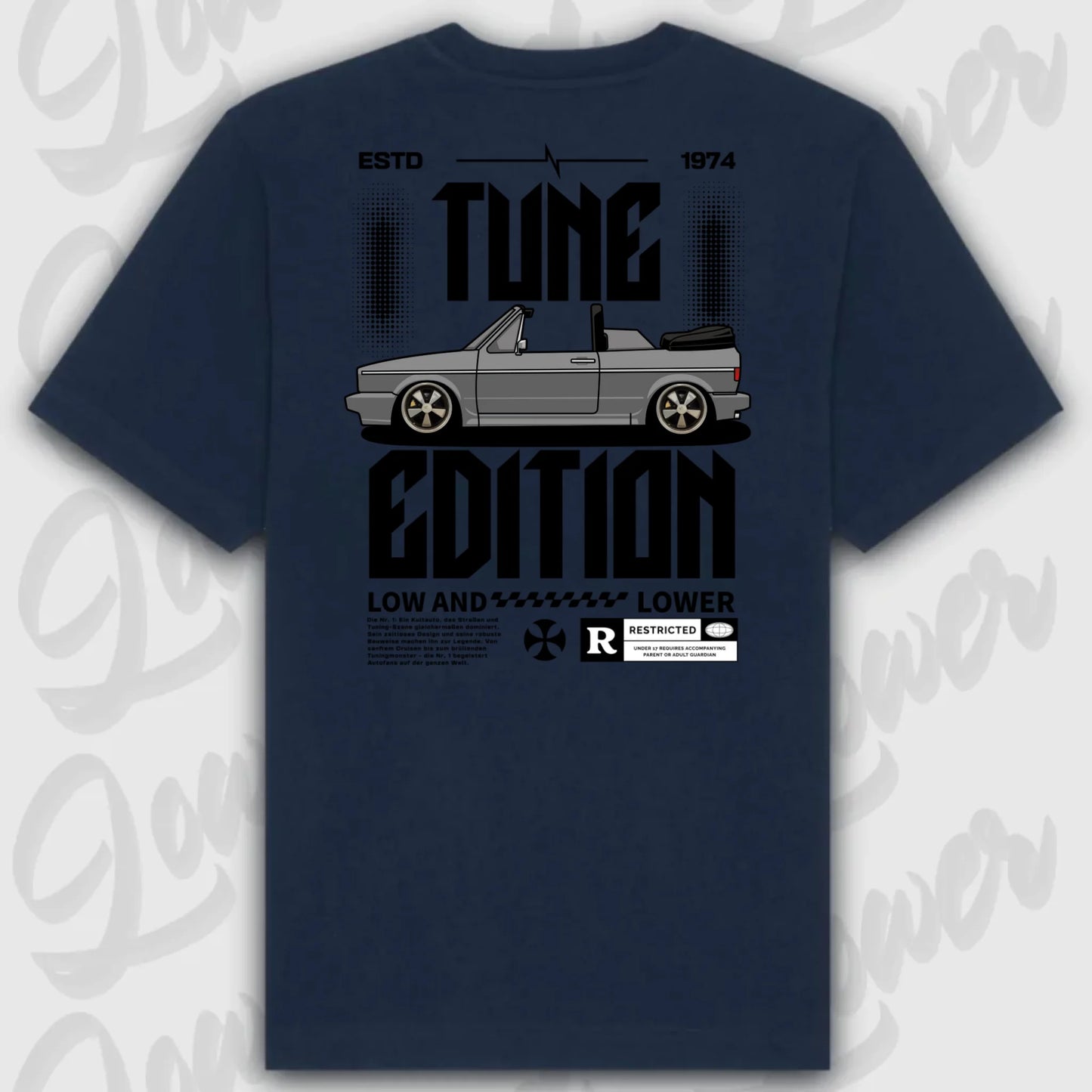 Golf 1 Cabrio T-Shirt Blau Rueckansicht personalisierbar