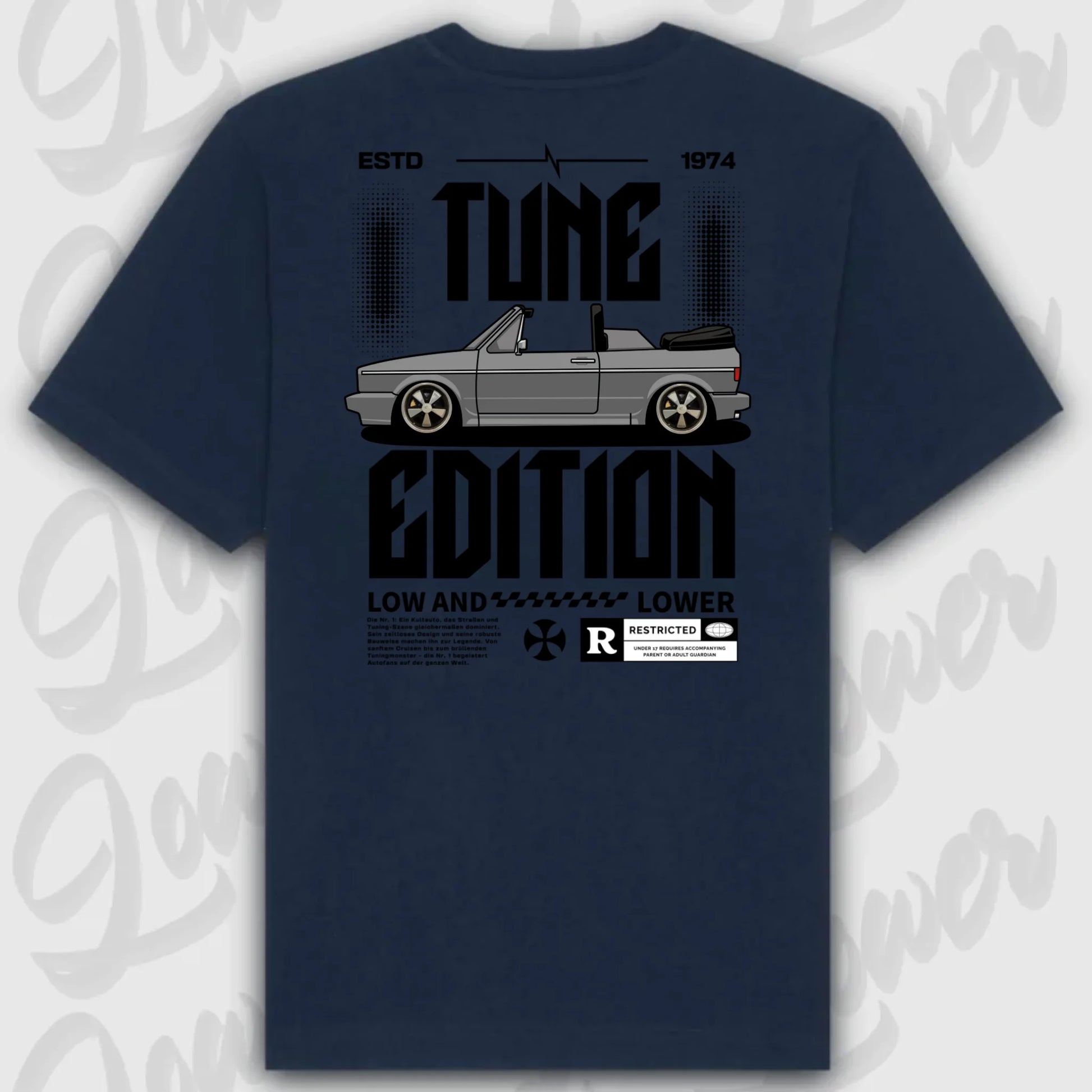 Golf 1 Cabrio T-Shirt Blau Rueckansicht personalisierbar