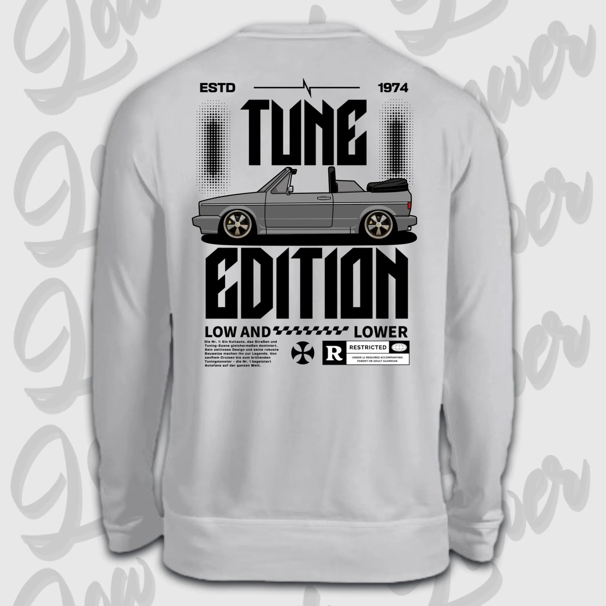 Golf 1 Cabrio Sweater Rückansicht mit Auto-Motiv